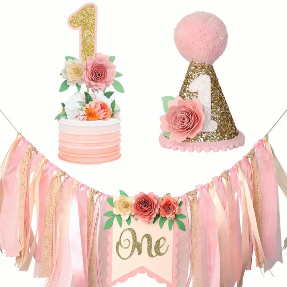 1st Birthday Pink Boho Highchair 3 Piece Set